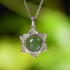 S925 Inlay Hetian Green Jade Hollow Out Sun Flower Round Jasper Pendant Necklace