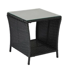 Black Wicker Rattan Side Tea Table with Glass Patio Outdoor Garden Furniture
