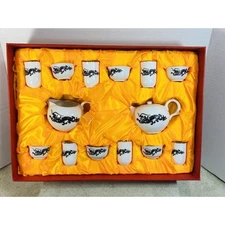 Tea Set Dragon Themed- 14 Pieces White & Black Teaset