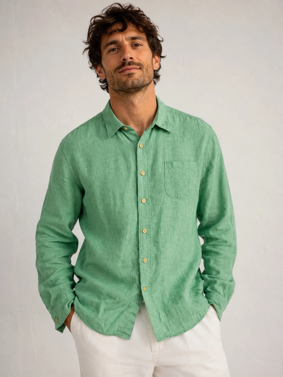 Tommy Bahama Mens Linen Button Up Long Sleeve Shirt Size L Green Pocket Casual