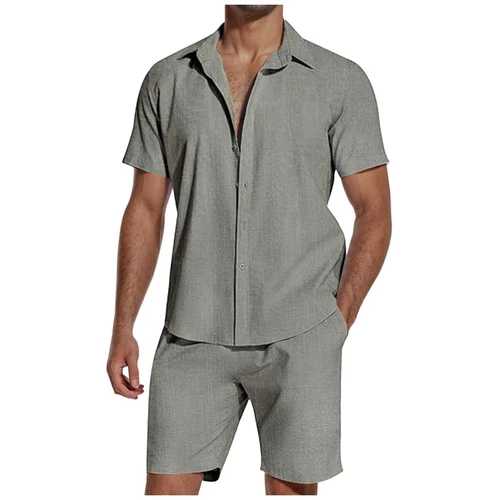 Men's 2 Pieces Cotton Linen Set Short Sleeve Button Down Shirts Summer Beach - Picture 6 of 42