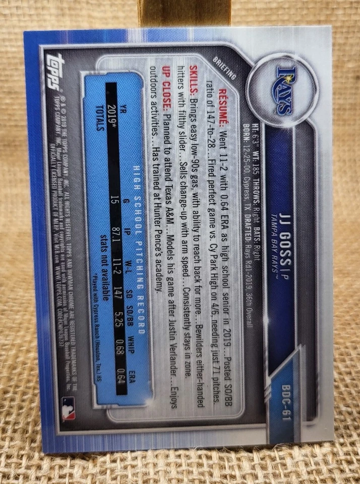 2019 Bowman JJ Goss 1st RC Purple Refractor /250 Baseball Card BDC-61 Rays A7 - Image 2 of 2