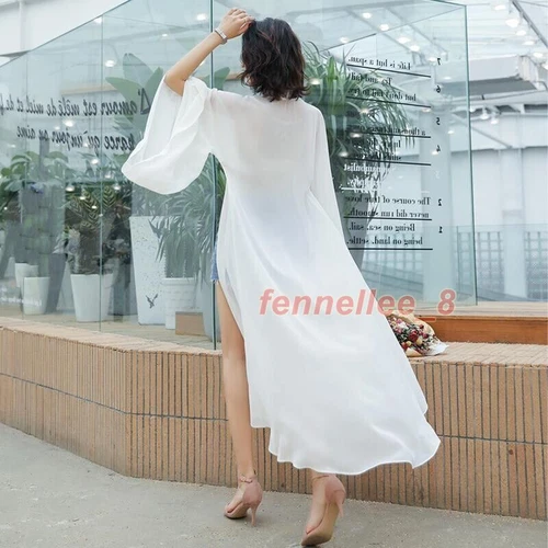 Damen Transparent Chiffon Kimono Lange Jacke Cardigan Schal Achselzucken Bolero Sommer Strand - Bild 12 von 25