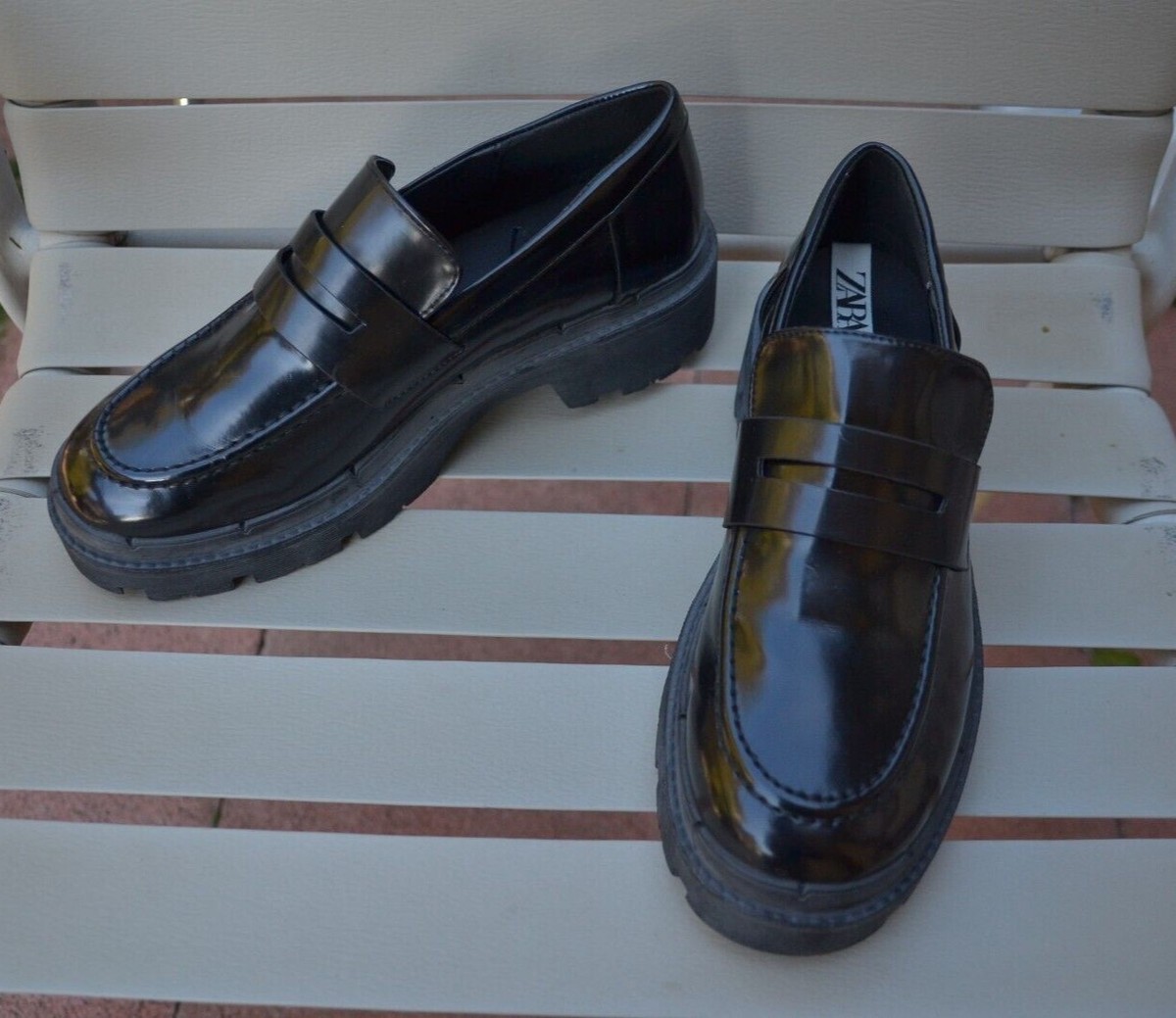 Zara Black Patent Lather Loafers Chunky Platform Shoes Womens Sz