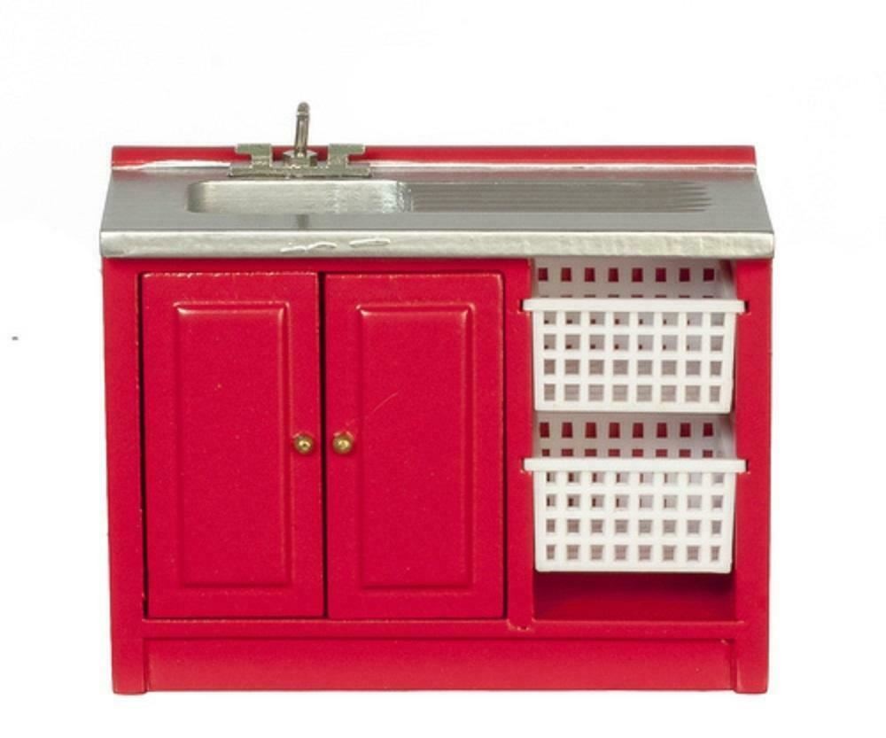 Dolls House Red Laundry Sink Unit & Baskets Miniature 1:12 Kitchen Furniture