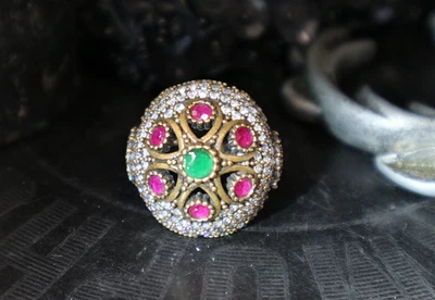 Ottoman Ring 925 Silber Rubin Smaragd Look Gotik Orient (defekt) | KS26/363 - Bild 1 von 4