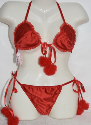 NWT Victoria's Secret Satin Bra Thong Lingerie Set RED Heart Pom Pom L Large