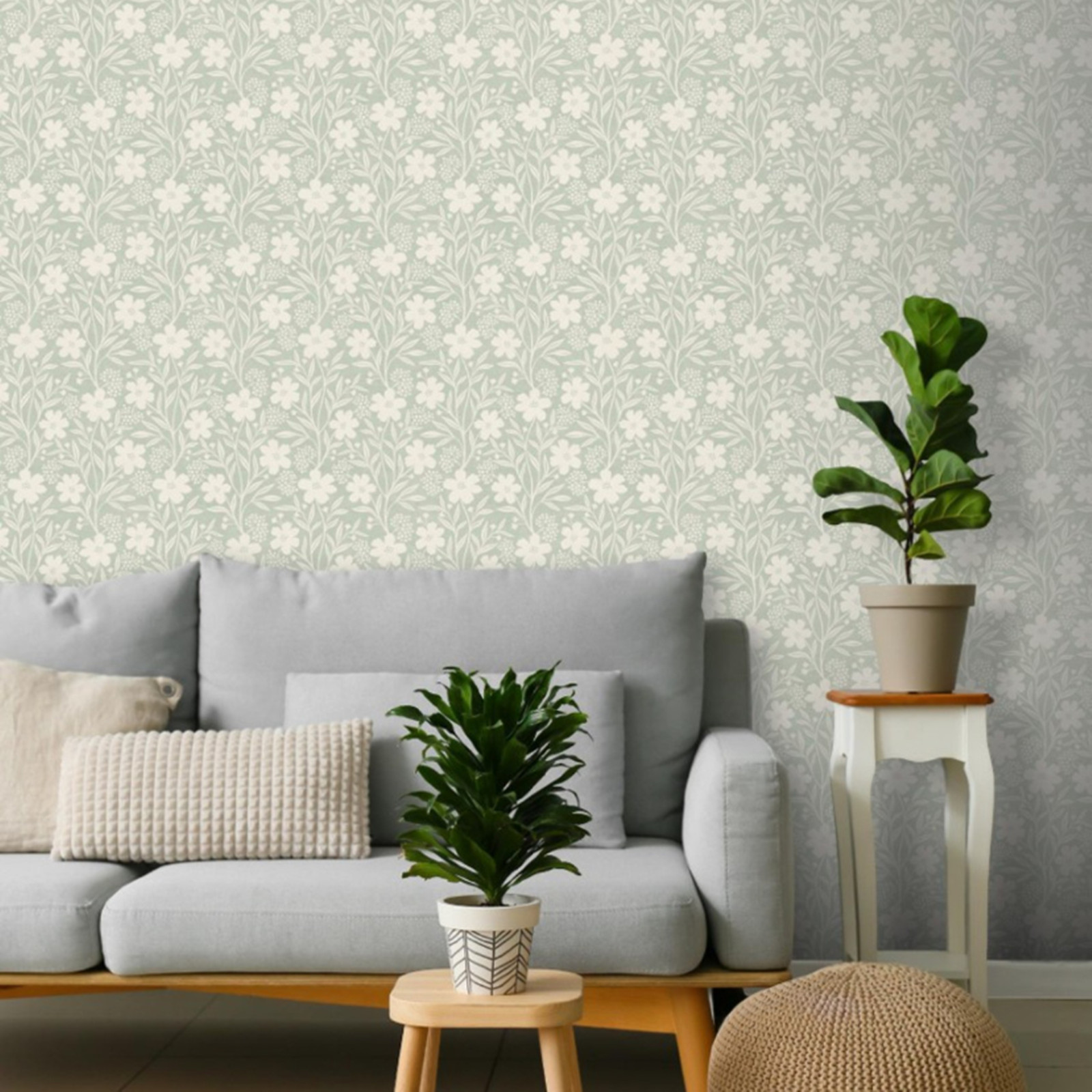 Sage Green Floral Wallpaper Slightly Textured Feature Wall Lounge Bedroom Office