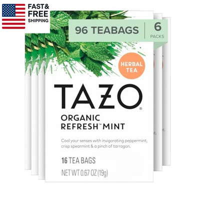Refresh Mint Herbal Tea Bags with Peppermint and Spearmint, Caffeine Free, 96 To