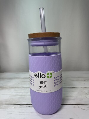ELLO ''SIP IT GOOD''  GLASS BOTTLE WOODEN LID STRAW SILICONE SLEEVE 18 oz. LILAC