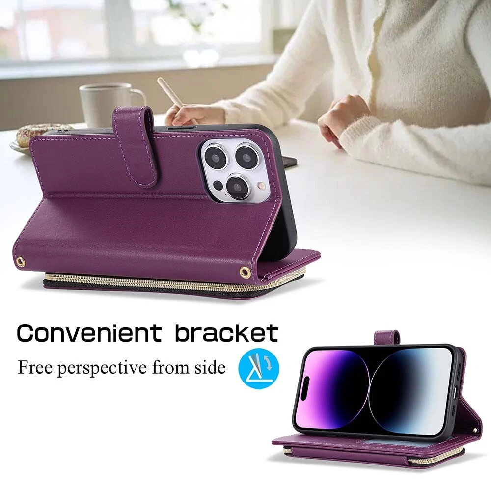 Durable Leather Zipper Flip Wallet Case for iPhone 15 Pro Max 14 13 12 11 XR