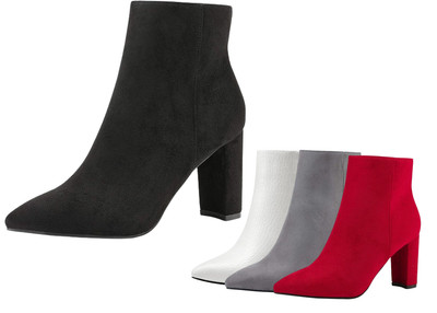 Women Chunky Heel Ankle Boots Faux Fur Lined Pointed Toe Side Zipper Booties