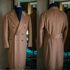 Men Camel Wool Overcoat Double-breasted Long Jacket With Back Belt Formal Suits