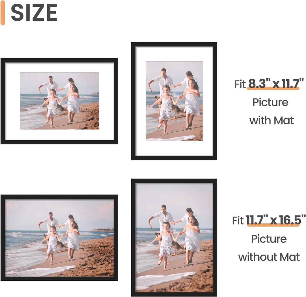 A3 Picture Frame 8.3x11.7 with Mat or 11.7x16.5 Without Mat Black
