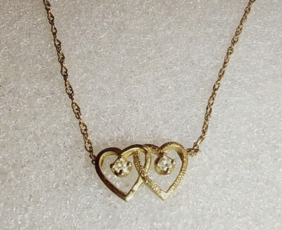 14K Gold Double Herz Anhänger Halskette mit Diamanten ((L38))