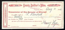 Virginia, NV County Auditor's Office 1896 "R. Kendall" Check / Warrant