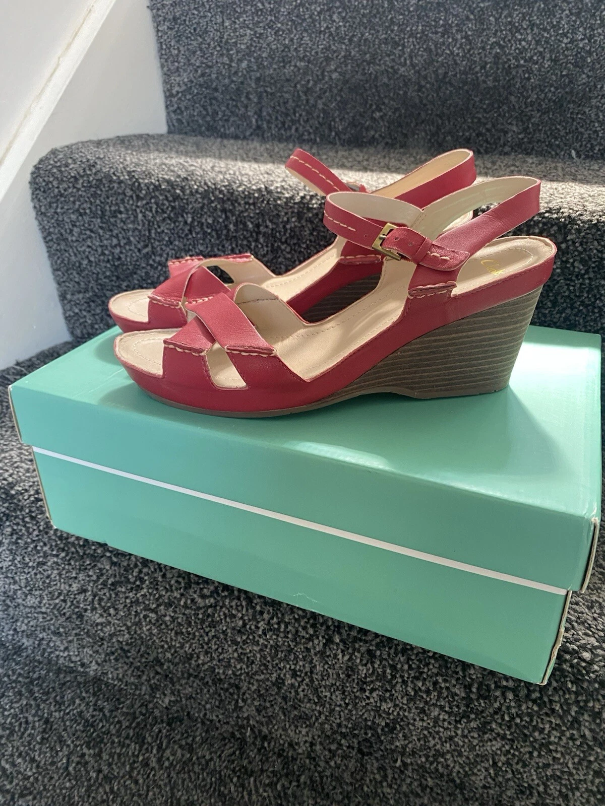 CLARKS OLLOW NOOK sandali con zeppa in pelle rossa taglia 6