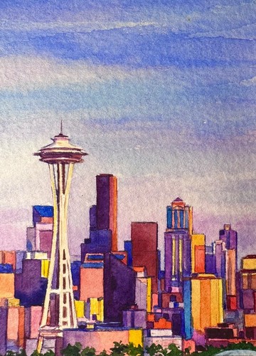 Watercolor Painting Seattle Washington City Cityscape ACEO Art No.357