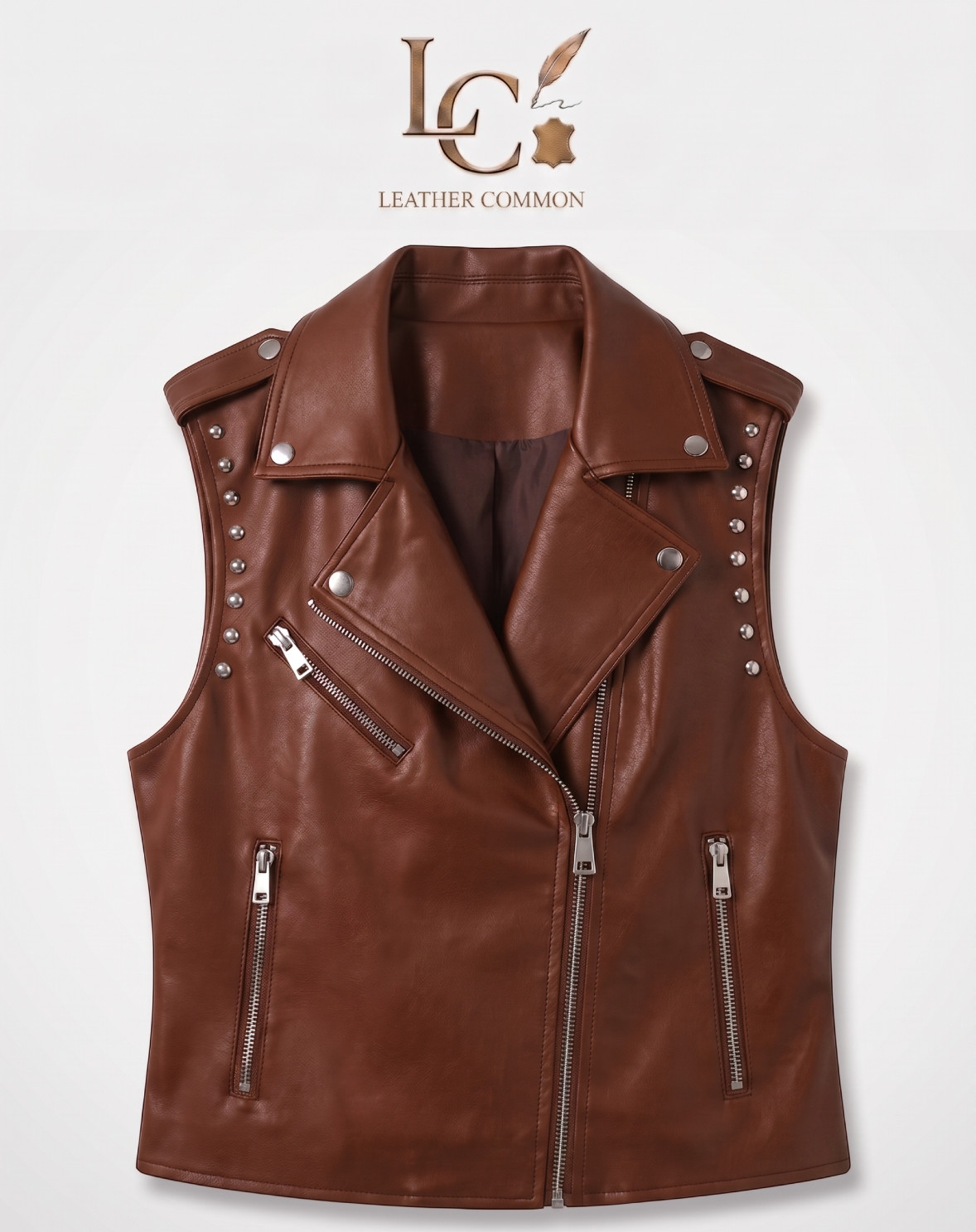 Women Studded Leather Biker Vest, Slim Fit Moto Waistcoat, Punk Rock Style