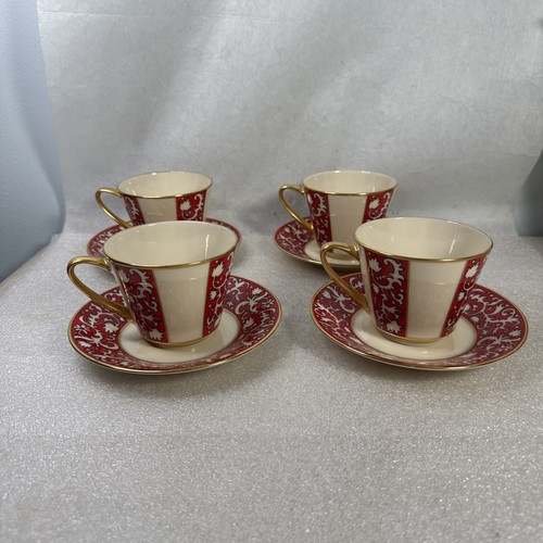 Set Of 4 Lenox China Firesong Pattern Teacup With Saucer Plates
