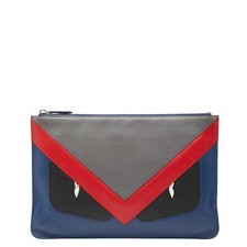 FENDI Bag Bugs Monster Clutch 7N0078 Blue Gray Red Leather Used