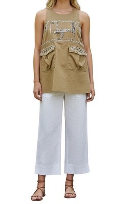 Carven Sz 38 Womens Khaki Embellished Studded Boxy Minimalist Luxury Tunic Top
