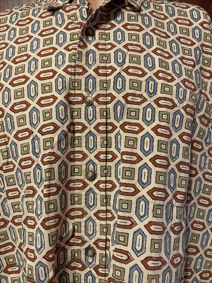 Vintage Orvis Shirt Geometric Hawaiian Hippie Button Down Cotton Size XL Mens - Image 2 of 4
