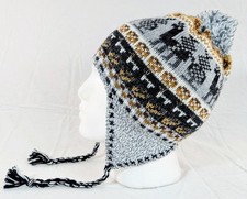 Colorful Soft Alpaca Chullo Gray Beanie Pom Pom Earflap Unisex Handmade Boho