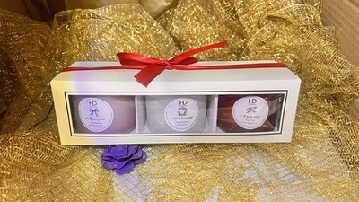HD Designs 3 Candles Gift Set  Pretty In Pink-Saltwater Kisses-A Dozen Roses 