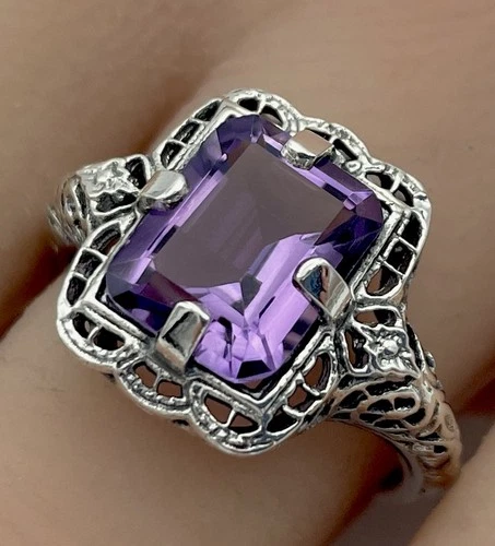 GENUINE 2.5 Ct BRAZILIAN AMETHYST 925 STERLING SILVER ART DECO STYLE RING   918X