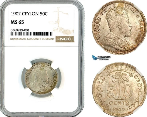 AK837, Ceylon, Sri Lanka, Edward VII, 50 Cents 1902, NGC MS65, Top Pop! 1/0