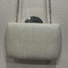 Nina Pacey Allover Crystal Minaudiere Evening Clutch Purse Chain PROM White Glam