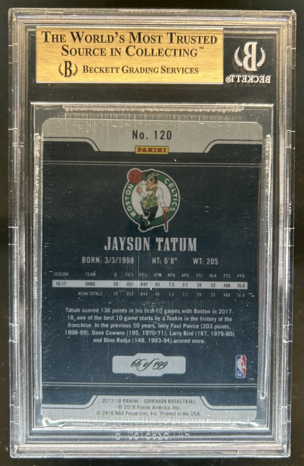 2017-18 Panini Dominion Jayson Tatum Rookie RC #/199 Celtics BGS 9.5 GEM MINT view 2