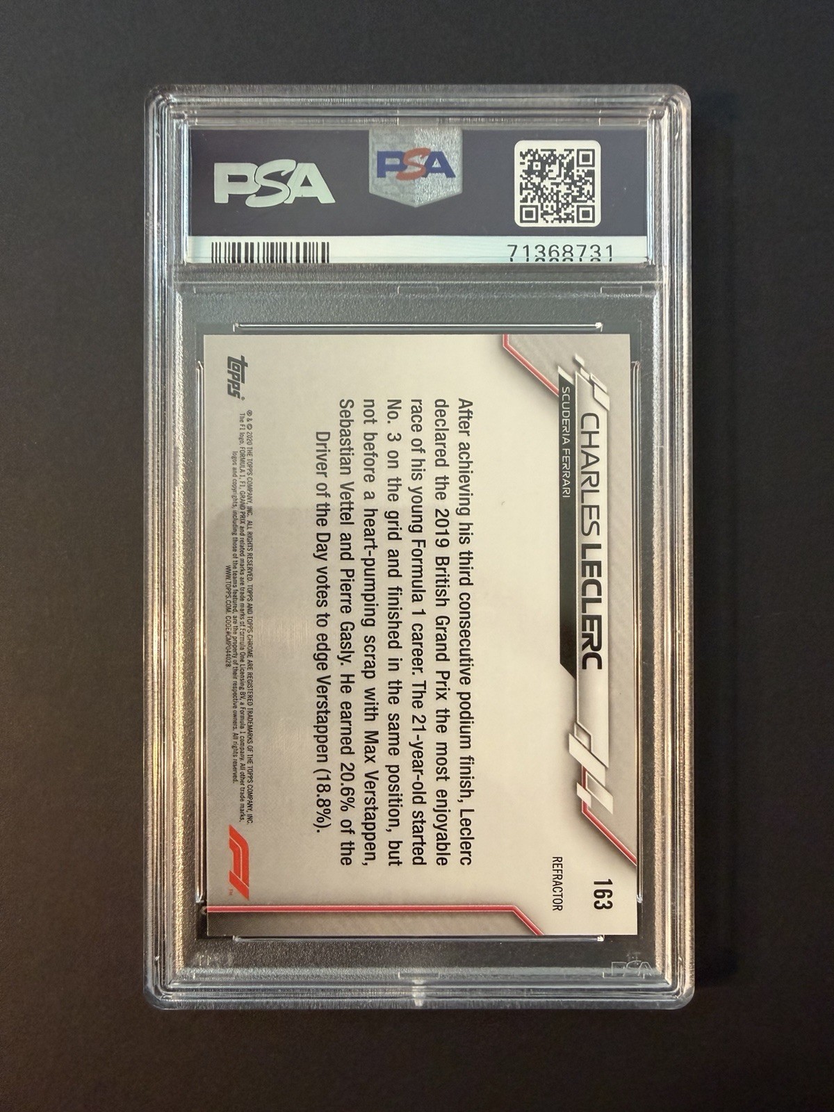 2020 Topps Chrome Formula 1 #163 Charles Leclerc F1 Refractor PSA 9 Ferrari view 2