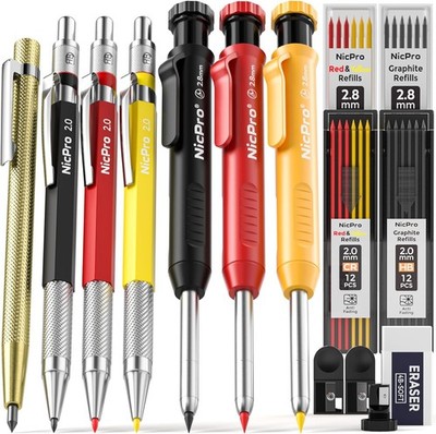Nicpro 16 Pack Mechanical Carpenter Pencil Set with 42 Refill & Carbide Scribe T