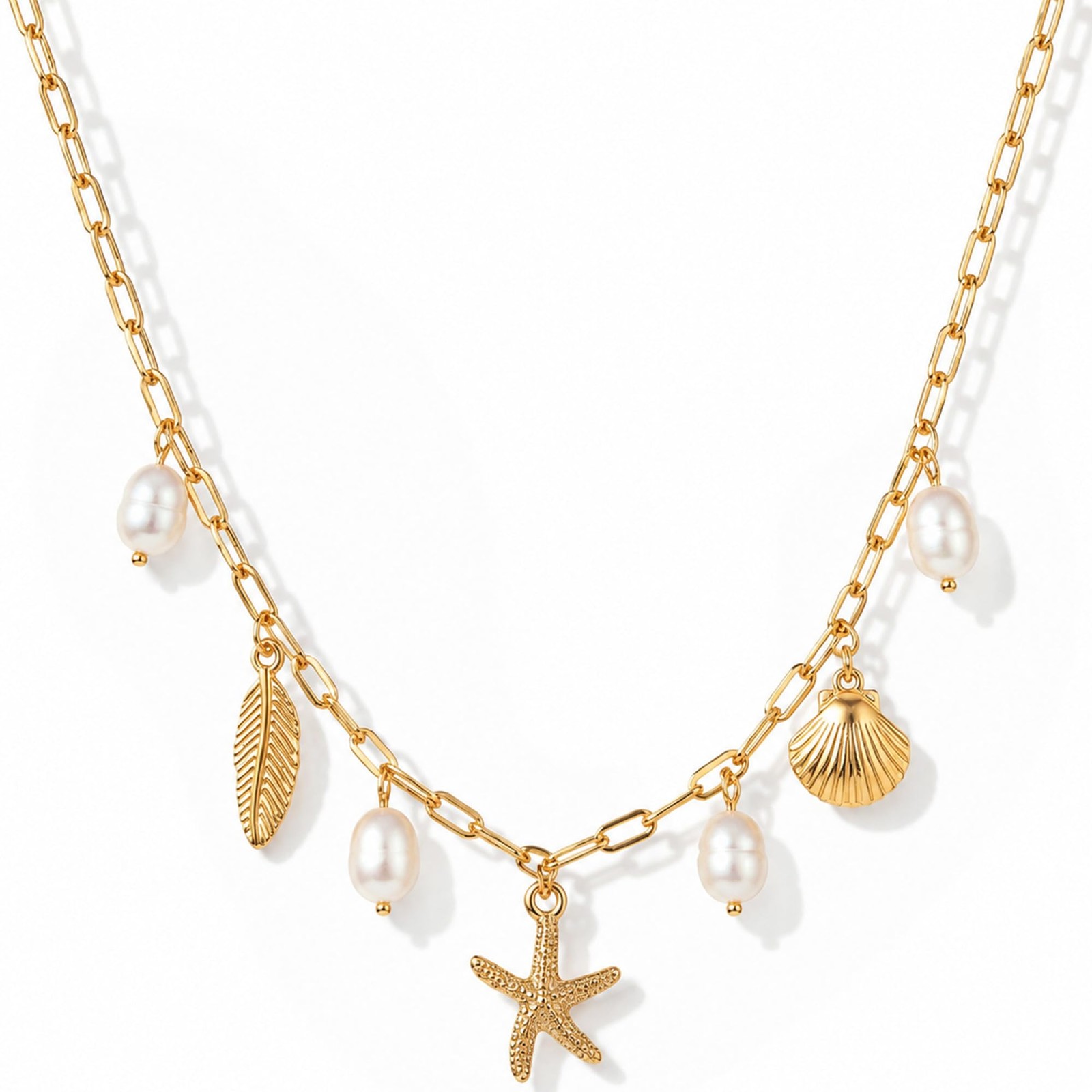 Shell Necklace - 14K Gold Plated Starfish & Pearl Charms Beach Jewelry