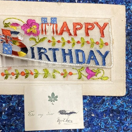 WW1 USA Britain France Silk Embroidered Military Happy Birthday Postcard British