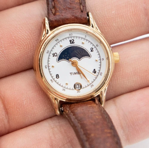 Vtg Timex Moon Phase Watch Women 24mm Gold Tone Leather Band Date Needs Battery