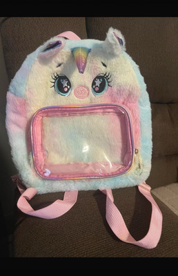 Girls Unicorn Faux Fur Small Colorblock Backpack w Transparent Window, Zip