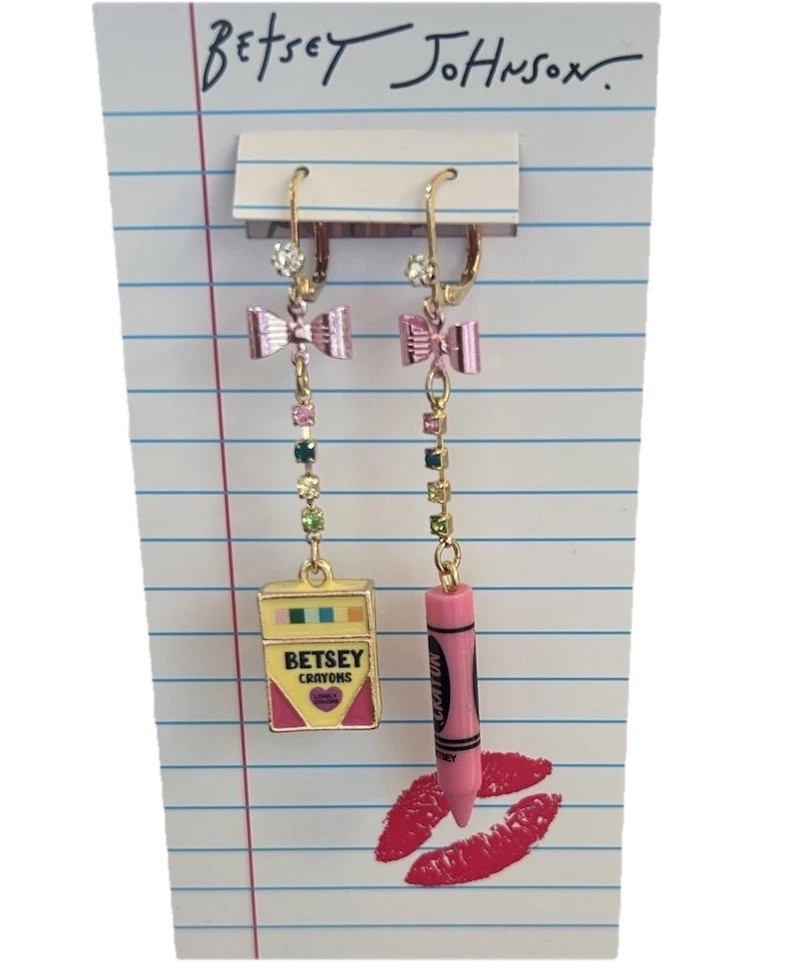 Betsey Johnson Mismatch Crayon Drop Earrings with Rhinestones and Pink Bow
