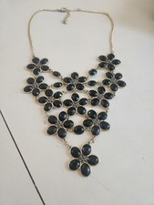Vintage Black  Faceted Cabachon Rhinestone Flowers Gold Tone Bib  Necklace 22" 