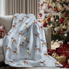 LED Throw Reindeer Christmas Blanket with Soft Fabric and 3 Lighting Modes