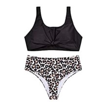 Women s Black/Leopard High-Waisted Bikini With Removable Padding Size S