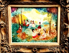 Marc Chagall Style Mid 20th C Original Oil On Board "Gathering In Flower Field"