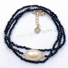 Faceted 3mm Black Spinel 11-12mm Natural White Baroque Pearl Pendant Necklace