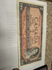 1954 CANADIAN 2 DOLLAR BILL OTTAWA CANADA FAIR COND Red serial O/G 9814763