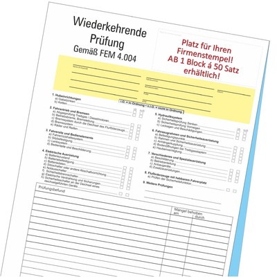 Prüfprotokoll Wiederkehrende Prüfung gem. FEM 4.004 Flurförderzeuge | Stapler