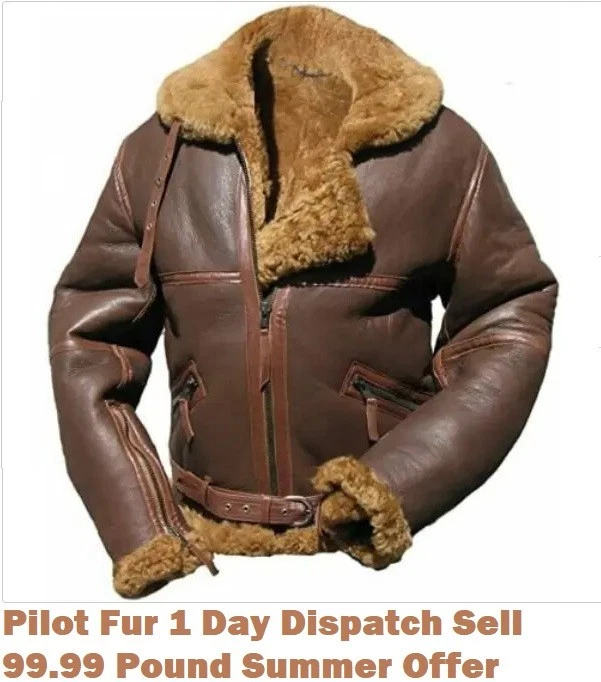 Mens RAF Pilot B3 Bomber Real SheepSkin Aviator Shearling Fur Leather Jacket