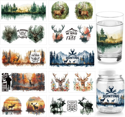 10 Sheets Hunting Deer Theme UV DTF Cup Wrap for 16OZ Glass, Forest Lake Mountai