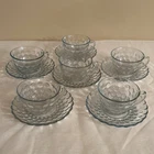Vtg Anchor Hocking Blue Bubble Depression Glass Coffee Tea Cups Saucers Set Of 6